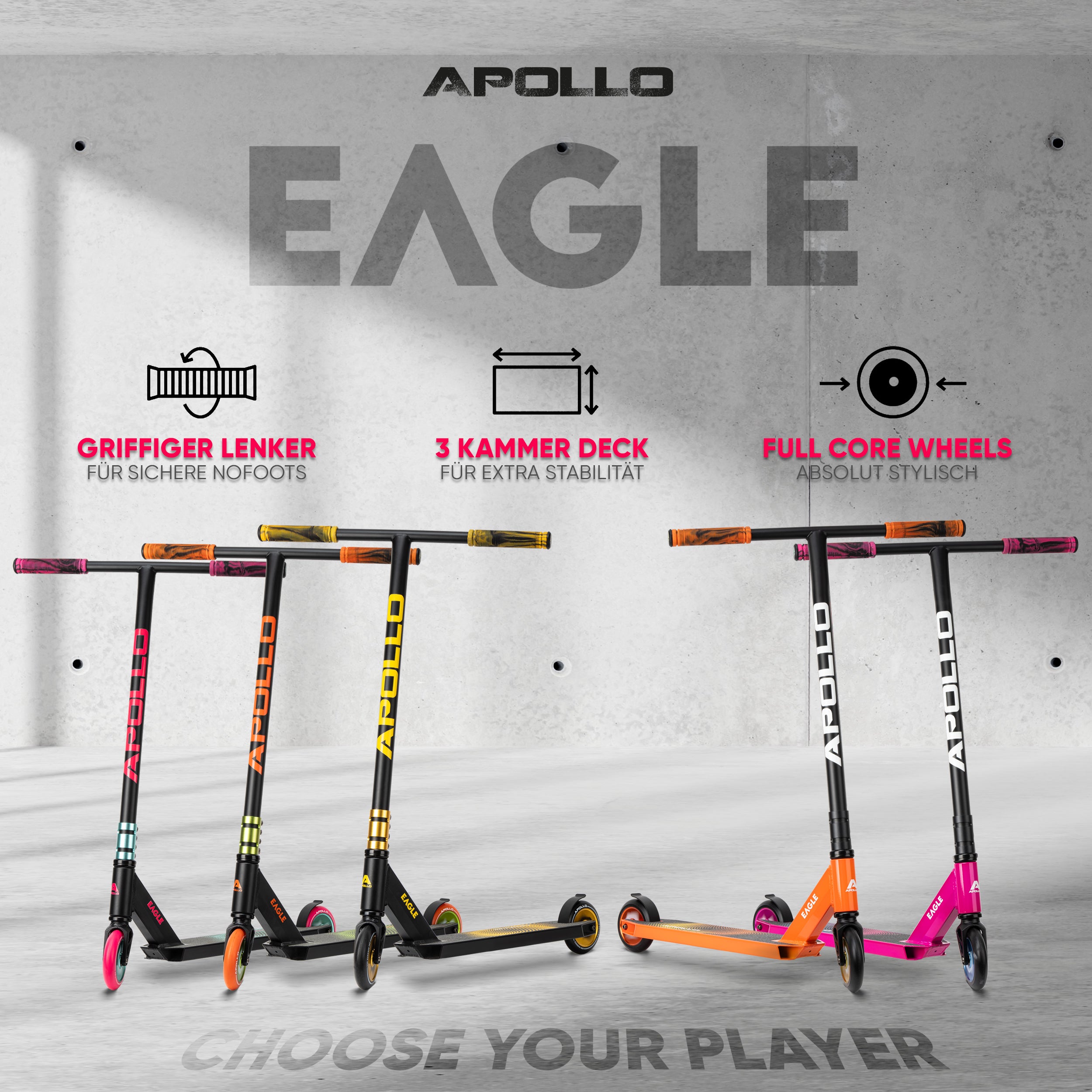 Apollo - Stunt Scooter 'Eagle' - eloxierter Profi Stuntroller mit ABEC 9 Kugellagern - Schwarz Orange