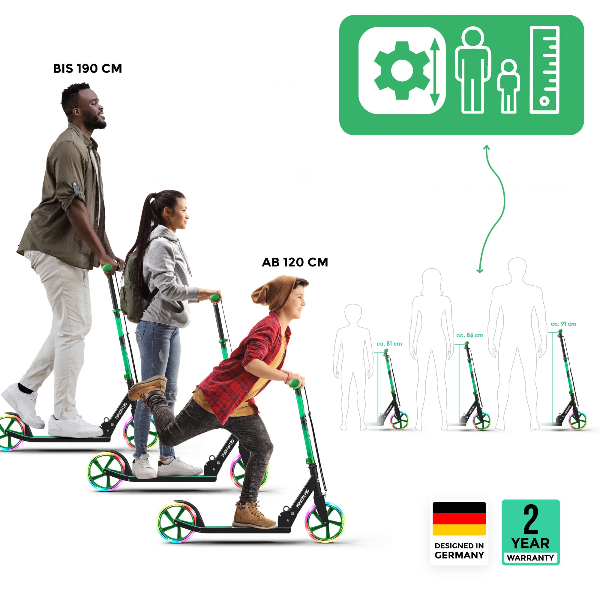 Apollo - Klappbarer City Roller für Kinder "Phantom" höhenverstellbarer Tretroller - Meteor