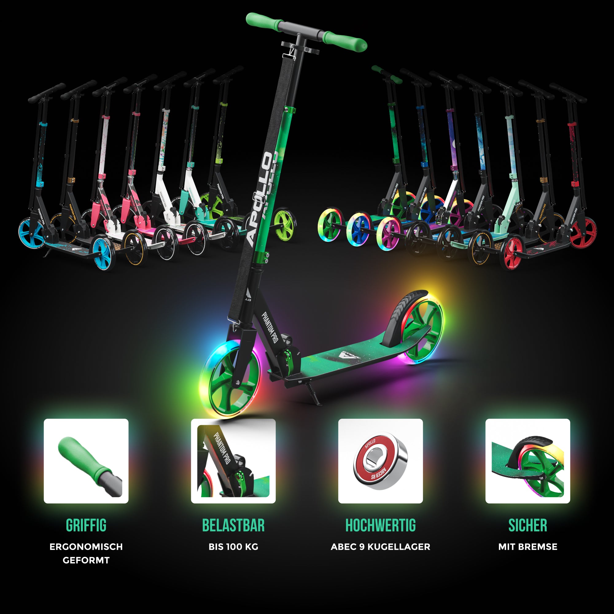 Apollo - Klappbarer City Roller für Kinder "Phantom" höhenverstellbarer Tretroller - Meteor