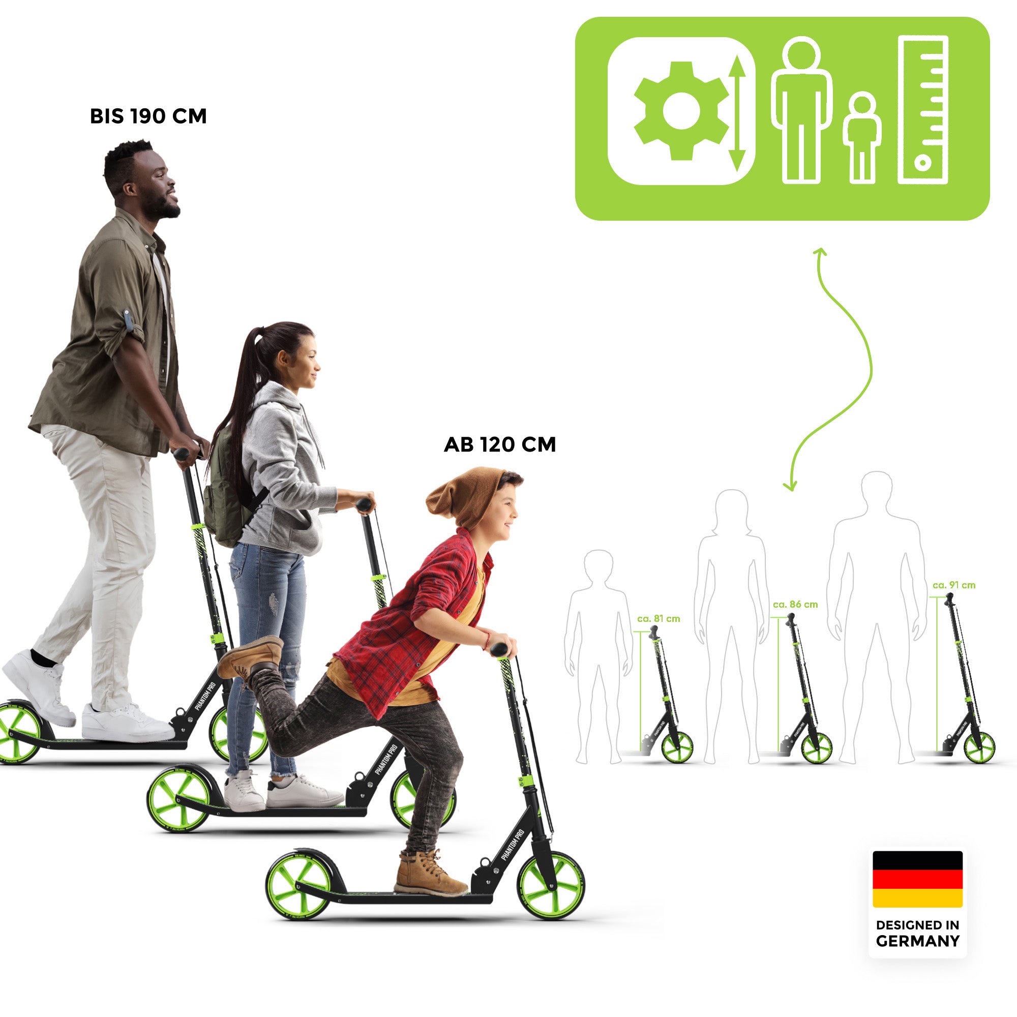 Apollo - Klappbarer City Roller für Kinder "Phantom" höhenverstellbarer Tretroller - Grün