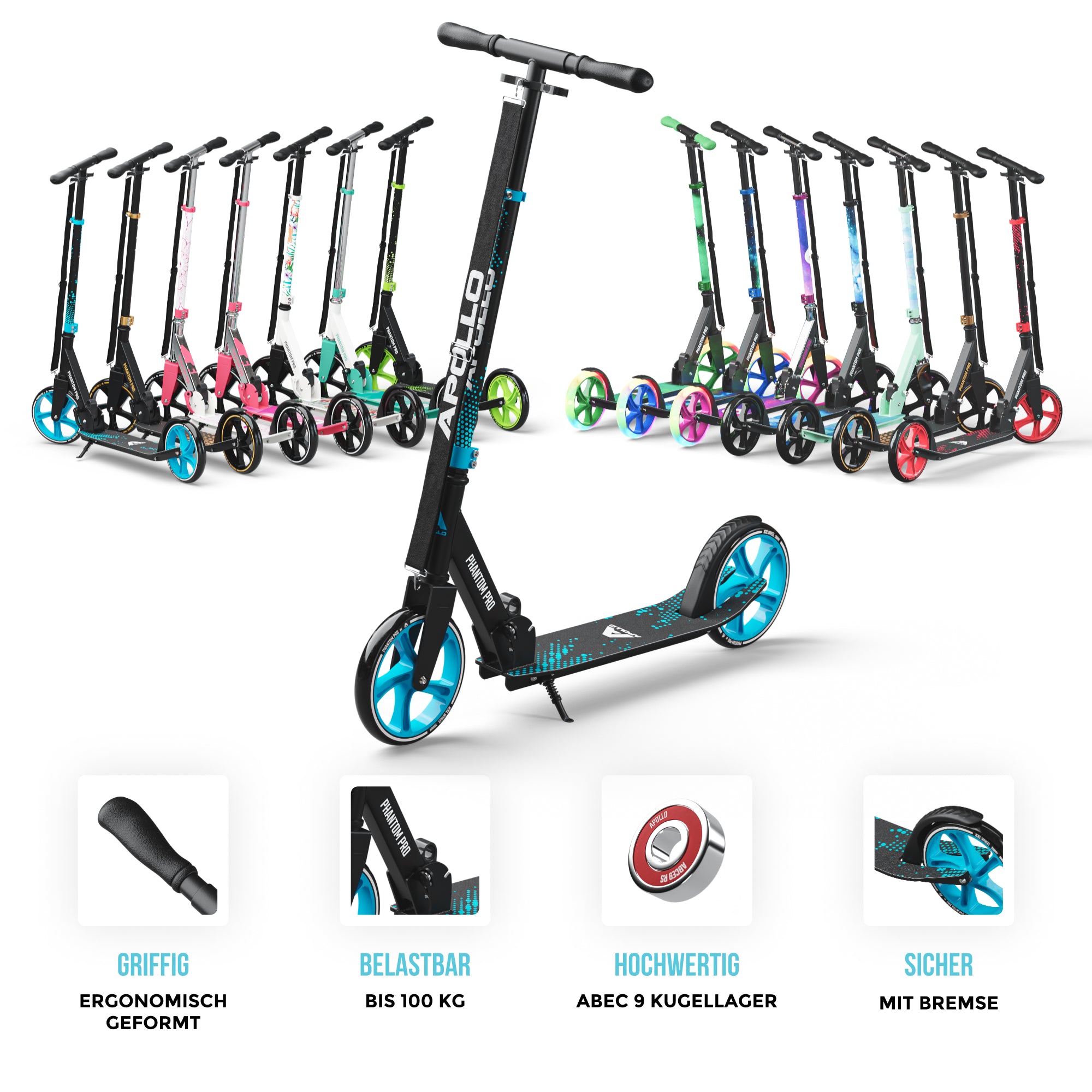 Apollo - Klappbarer City Roller für Kinder "Phantom" höhenverstellbarer Tretroller - Blau