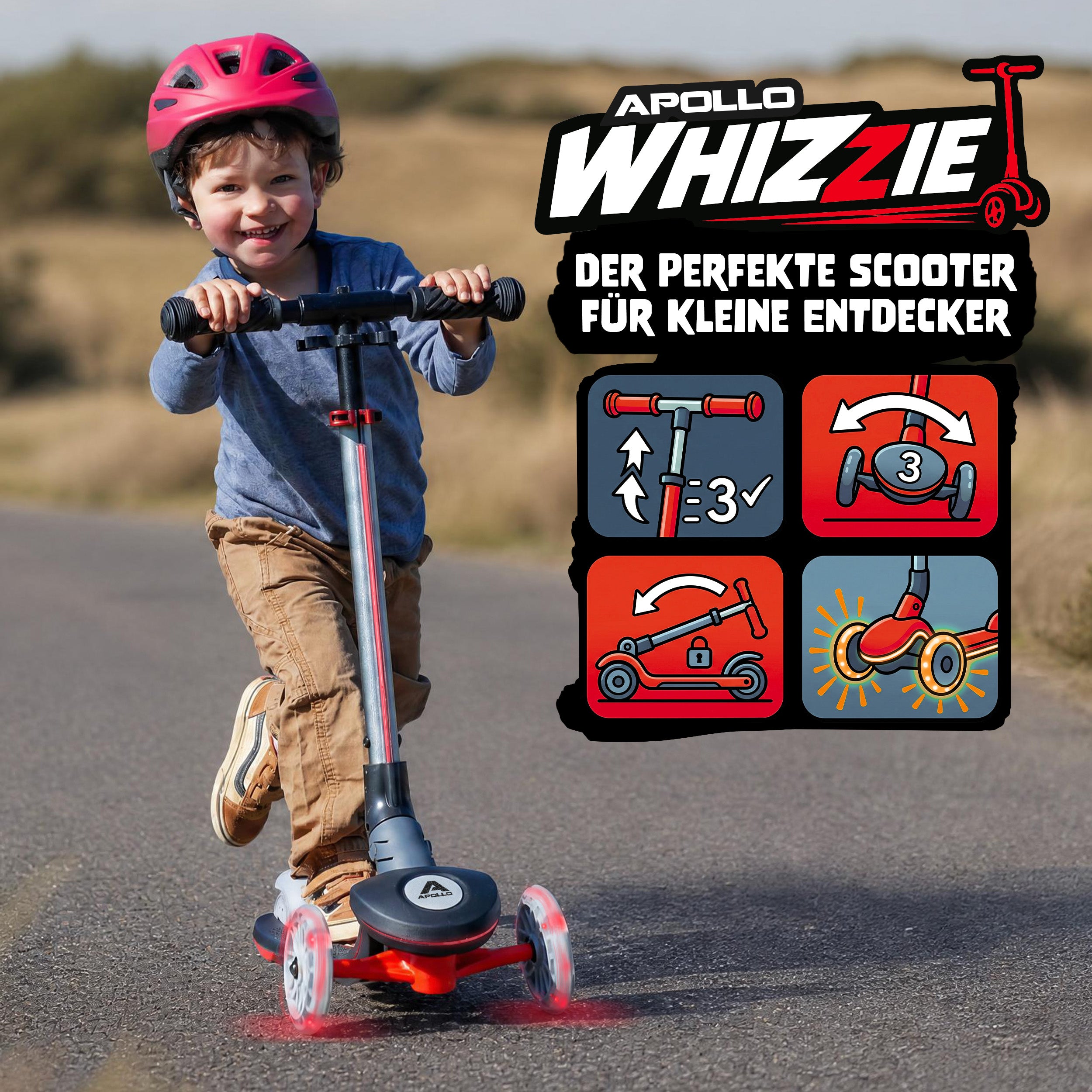 Apollo Funsport - Apollo Whizzie LED Kinderroller, höhenverstellbarer Dreiradscooter für Kinder ab 3 Jahre - Black Blaze