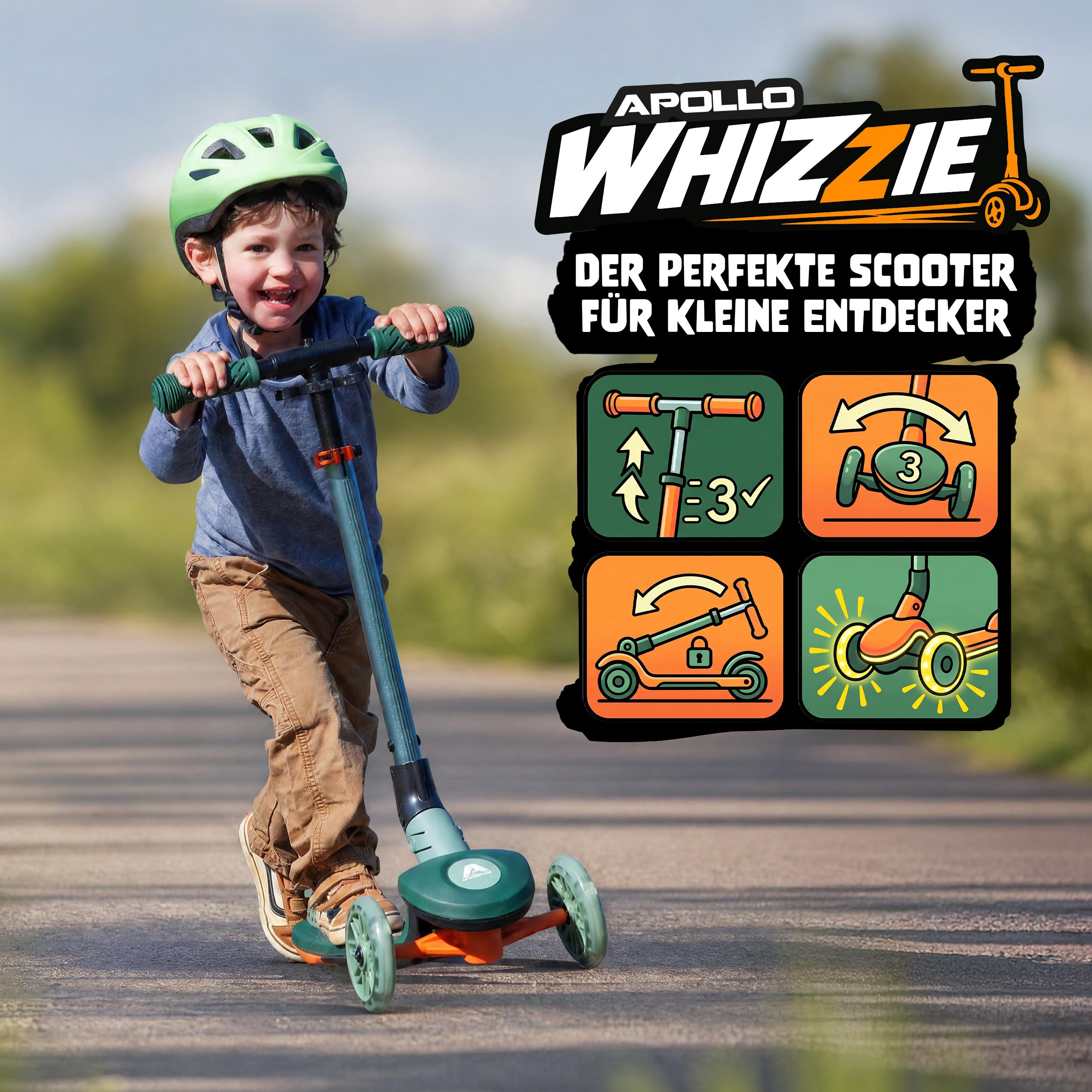 Apollo Funsport - Apollo Whizzie LED Kinderroller, höhenverstellbarer Dreiradscooter für Kinder ab 3 Jahre - Croco