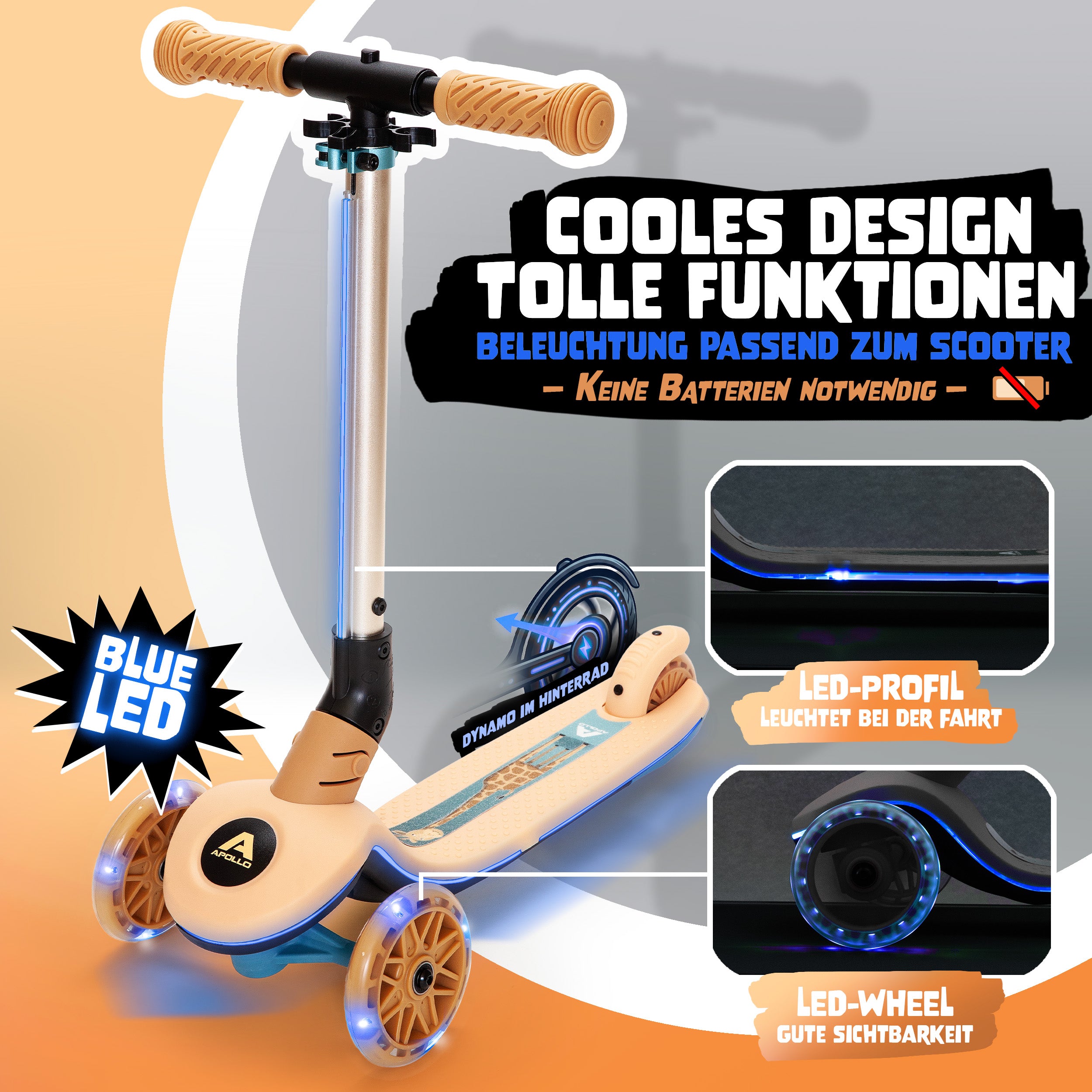 Apollo Funsport - Apollo Whizzie LED Kinderroller, höhenverstellbarer Dreiradscooter für Kinder ab 3 Jahre - Giraffe