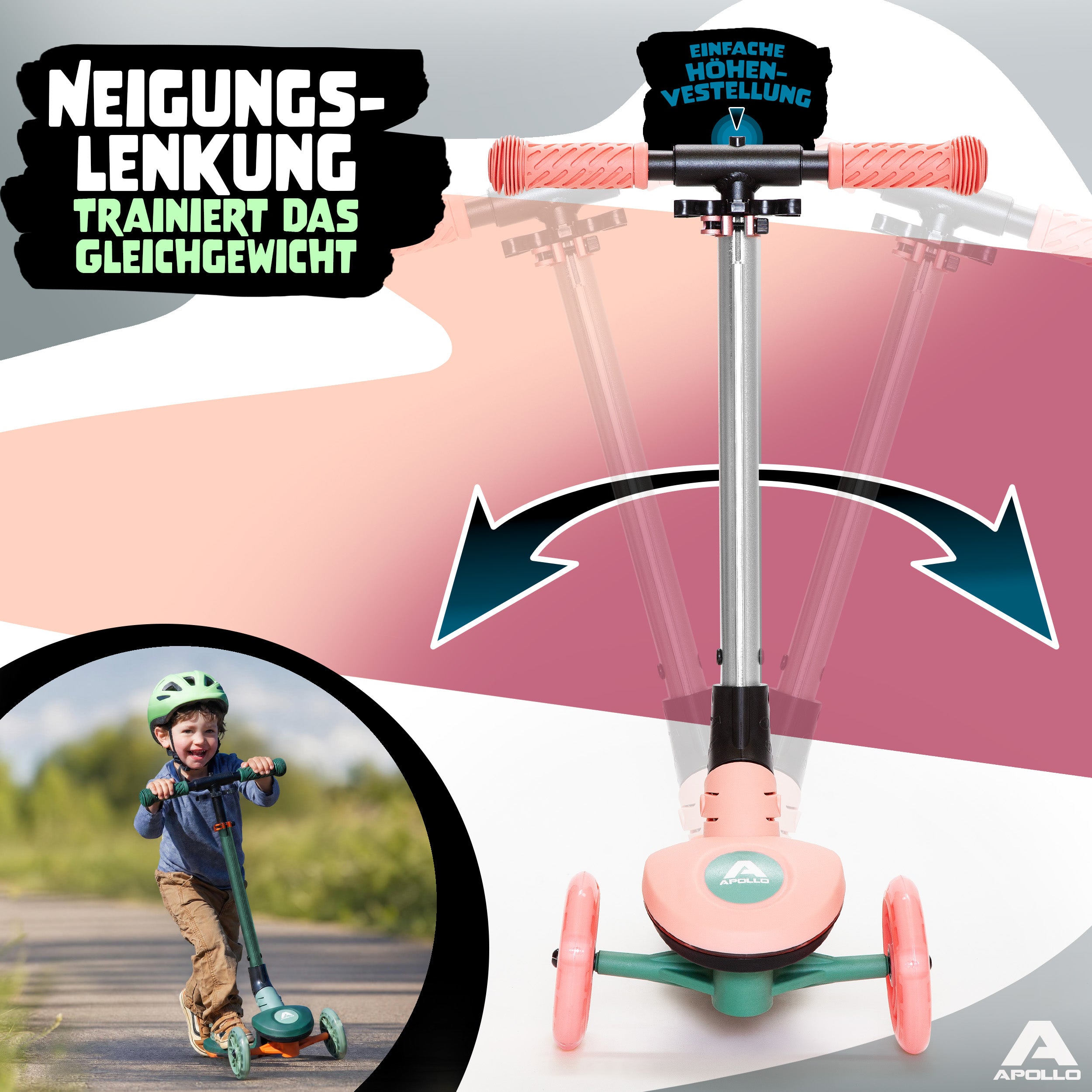 Apollo Funsport - Apollo Whizzie LED Kinderroller, höhenverstellbarer Dreiradscooter für Kinder ab 3 Jahre - Flamingo