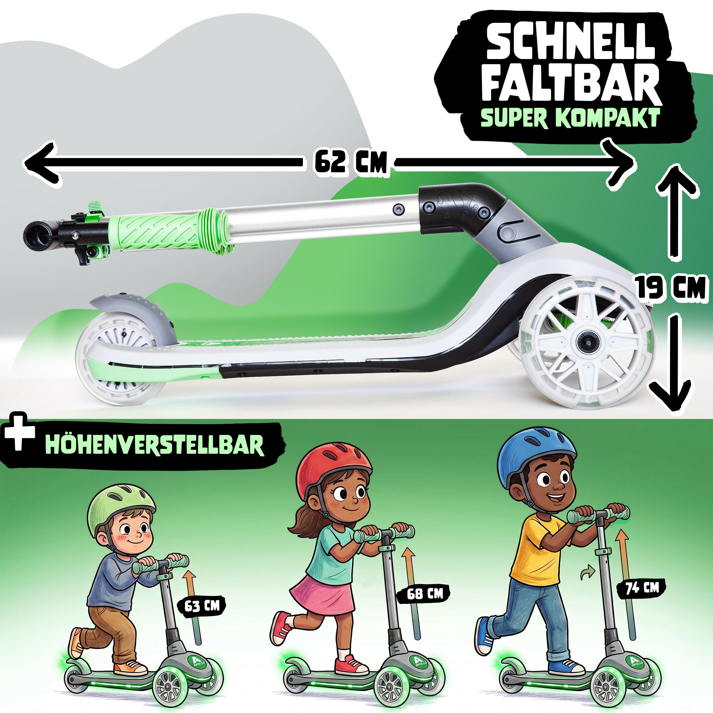 Apollo Funsport - Apollo Whizzie LED Kinderroller, höhenverstellbarer Dreiradscooter für Kinder ab 3 Jahre - Cat