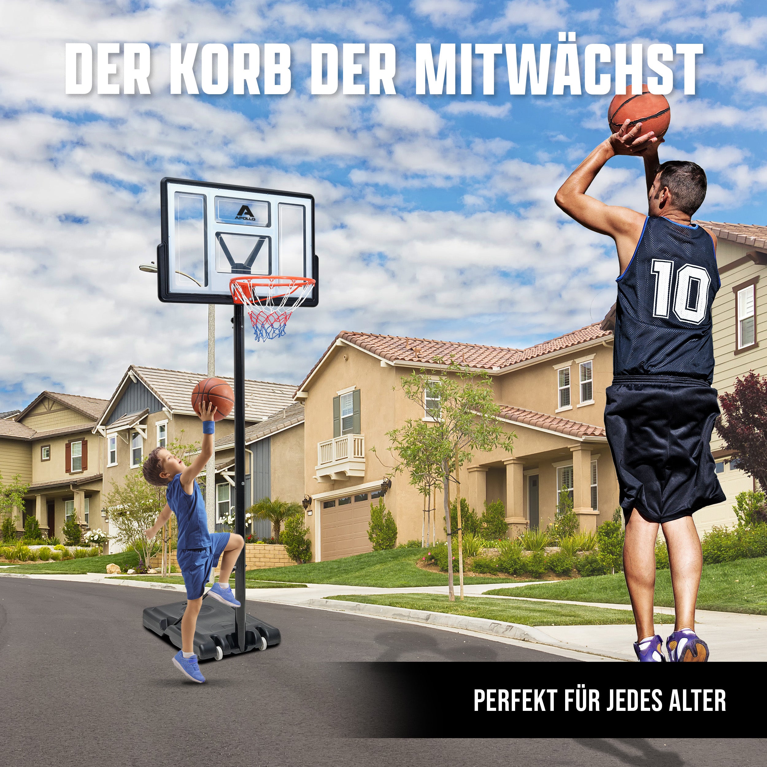 Apollo - Basketballkorb mit Ständer, Rollen, Basketball und Pumpe - official Size 230-305 cm