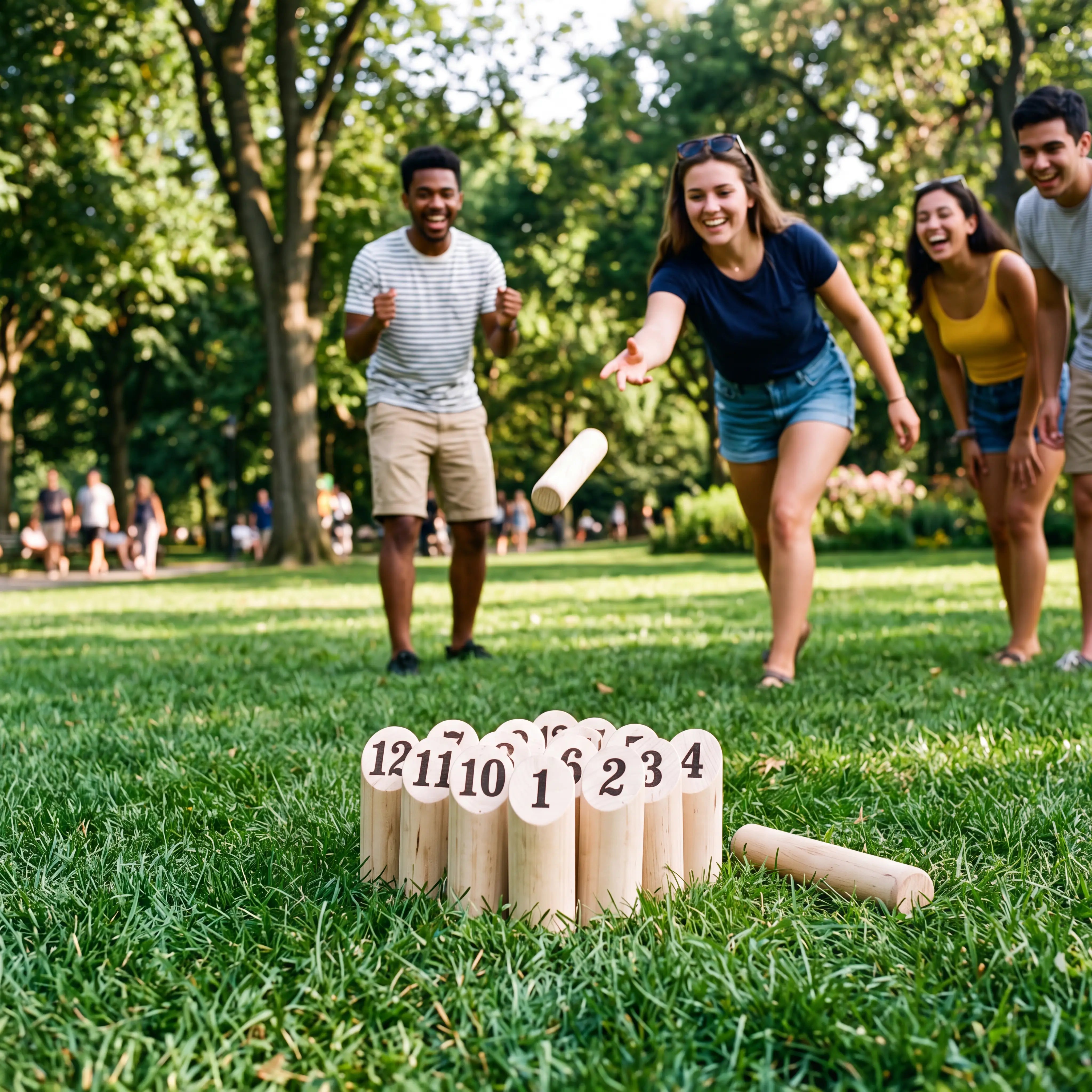 Ocean 5 - Nummern Kubb – Wurfspiel aus Holz, 12 Zahlenklötze + Wurfholz -