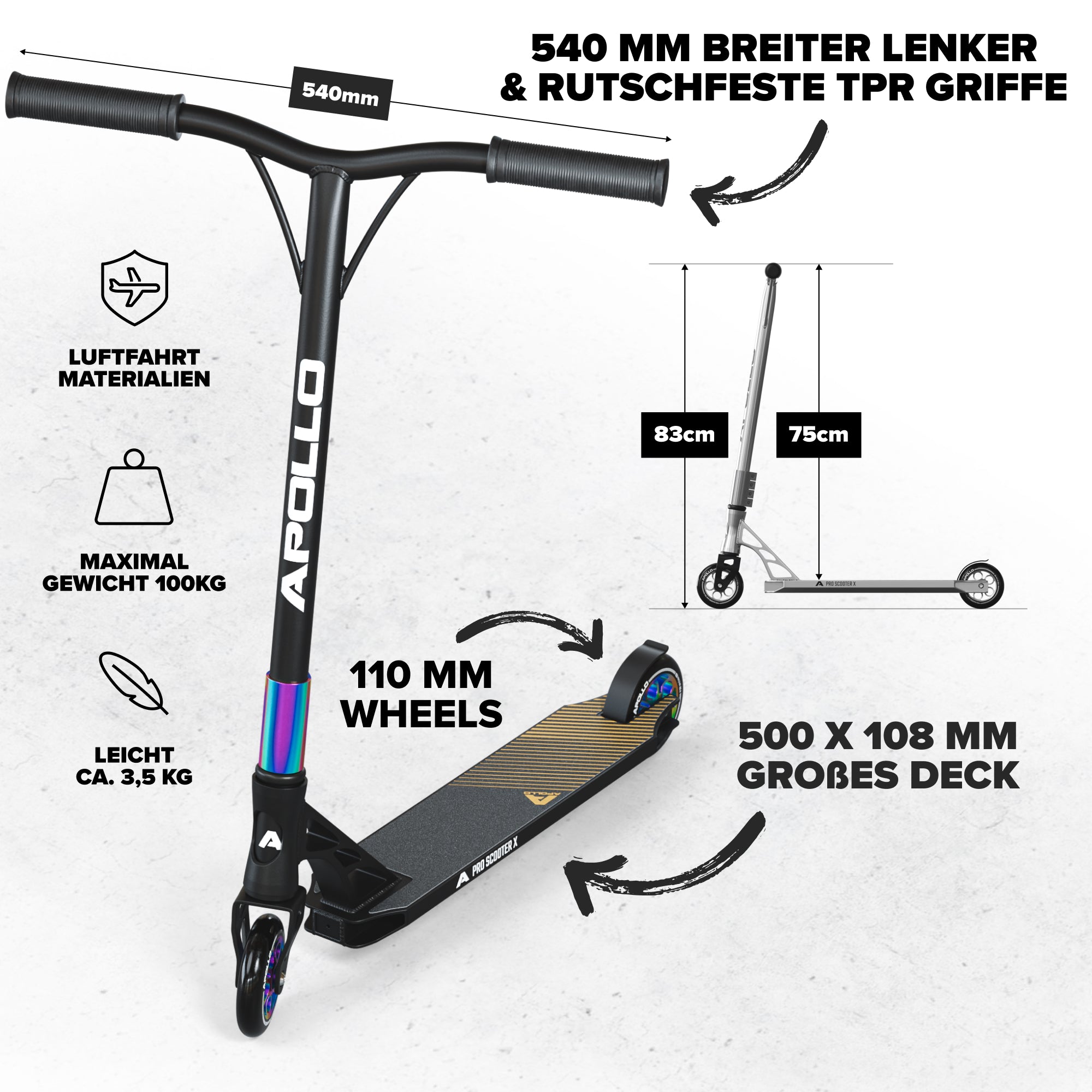 Apollo - High End Stunt Scooter - Genesis Pro X Stuntscooter mit ABEC 9 Kugellagern - Rainbow