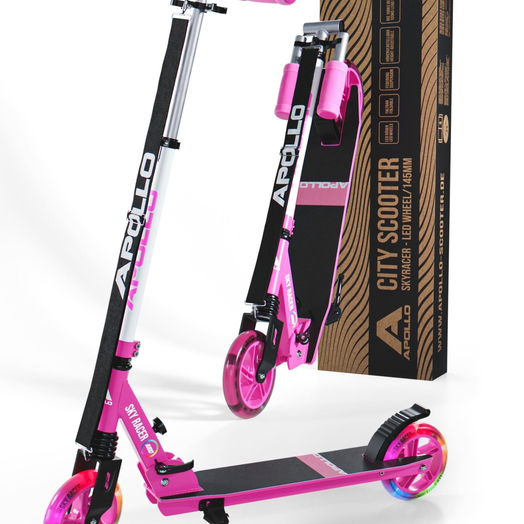 Apollo - 145mm City Scooter mit Federung "Skyracer" klappbar und höhenverstellbar - Rosa Weiß