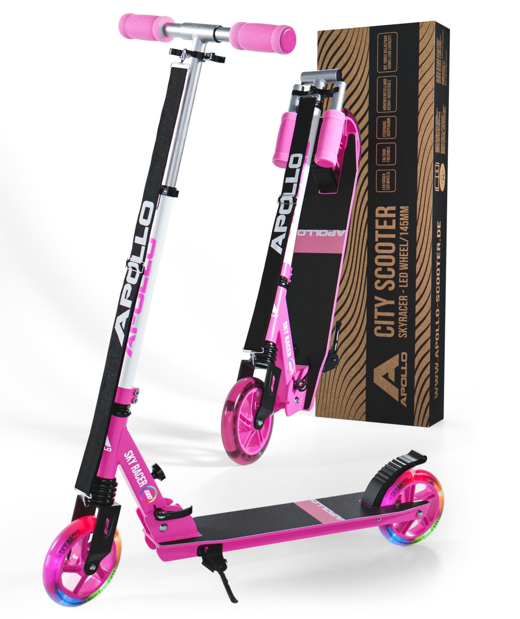 Apollo - 145mm City Scooter mit Federung "Skyracer" klappbar und höhenverstellbar - Rosa Weiß