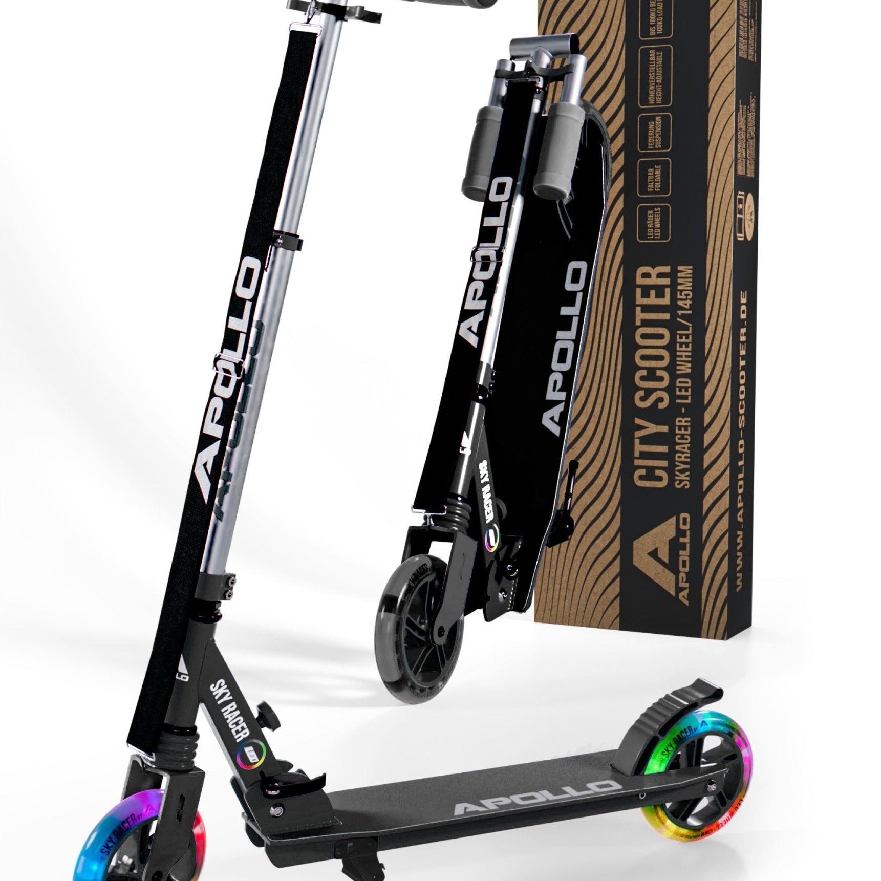 Apollo - 145mm City Scooter mit Federung "Skyracer" klappbar und höhenverstellbar - Schwarz