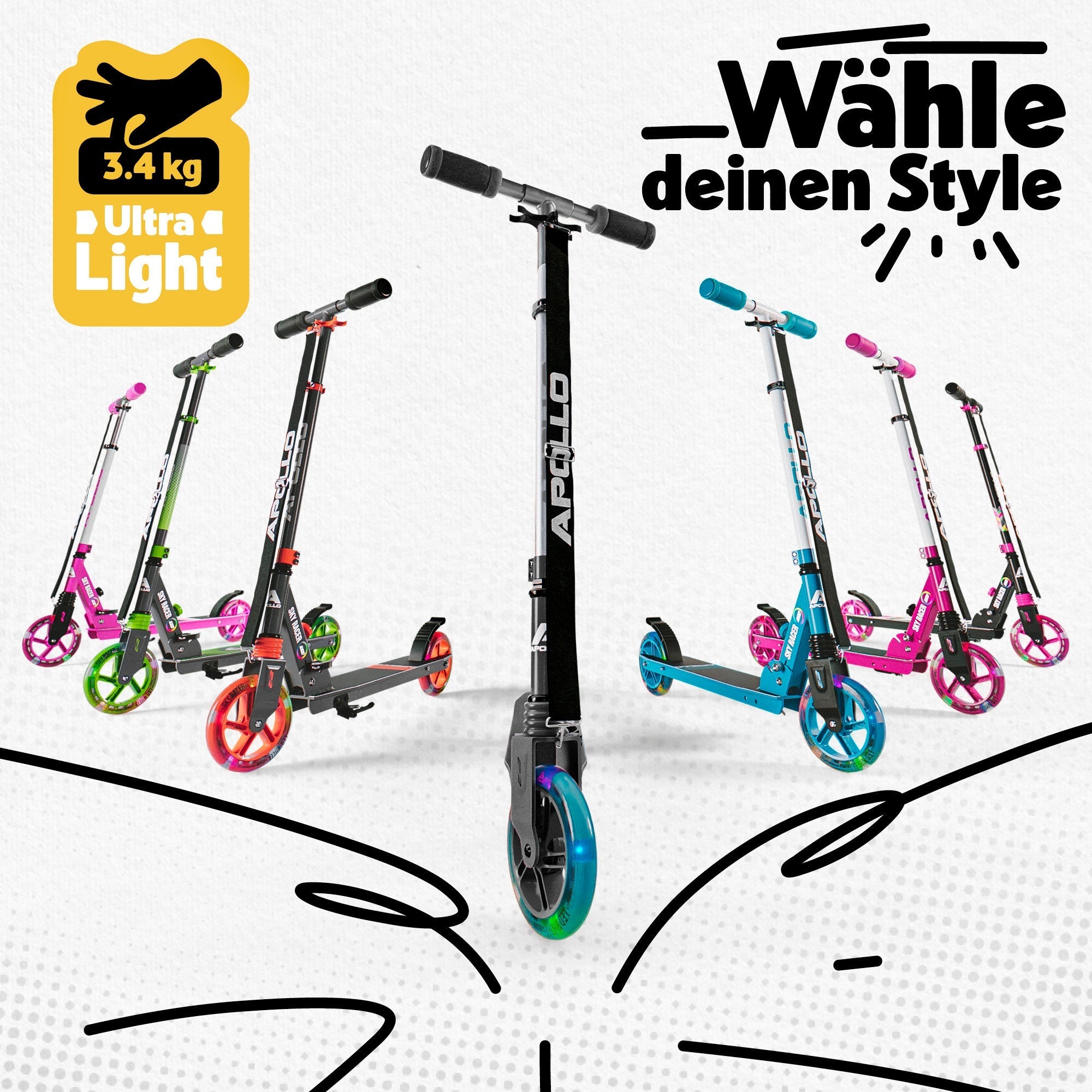Apollo - 145mm City Scooter mit Federung "Skyracer" klappbar und höhenverstellbar - Schwarz