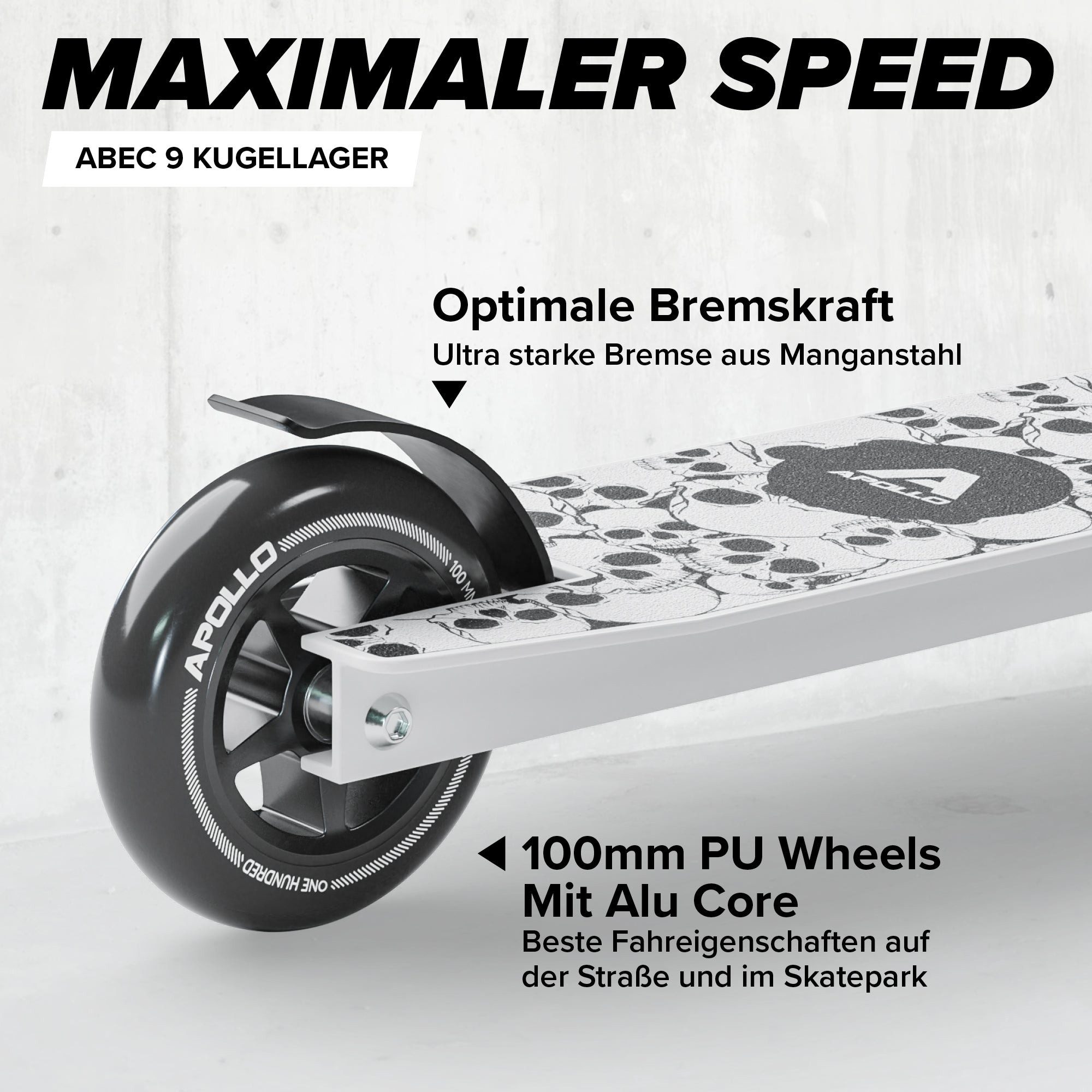 Apollo - Stunt Scooter - Genius Pro Robuster Kinder Scooter mit ABEC 9 Kugellager - White Skull