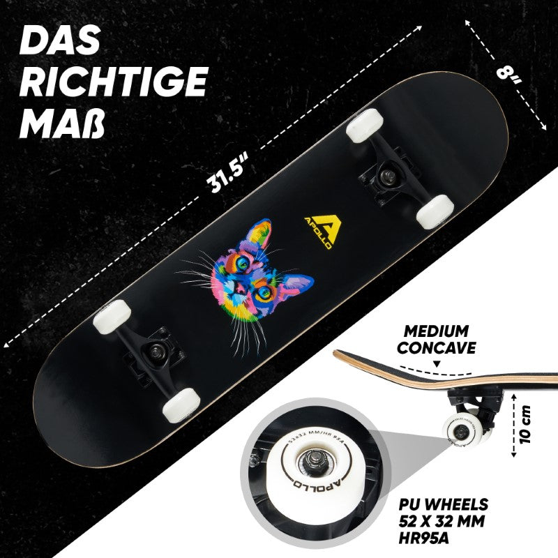 Apollo - Skateboard - Cat - 7-lagiges Holz-Komplettboard mit ABEC 7 -