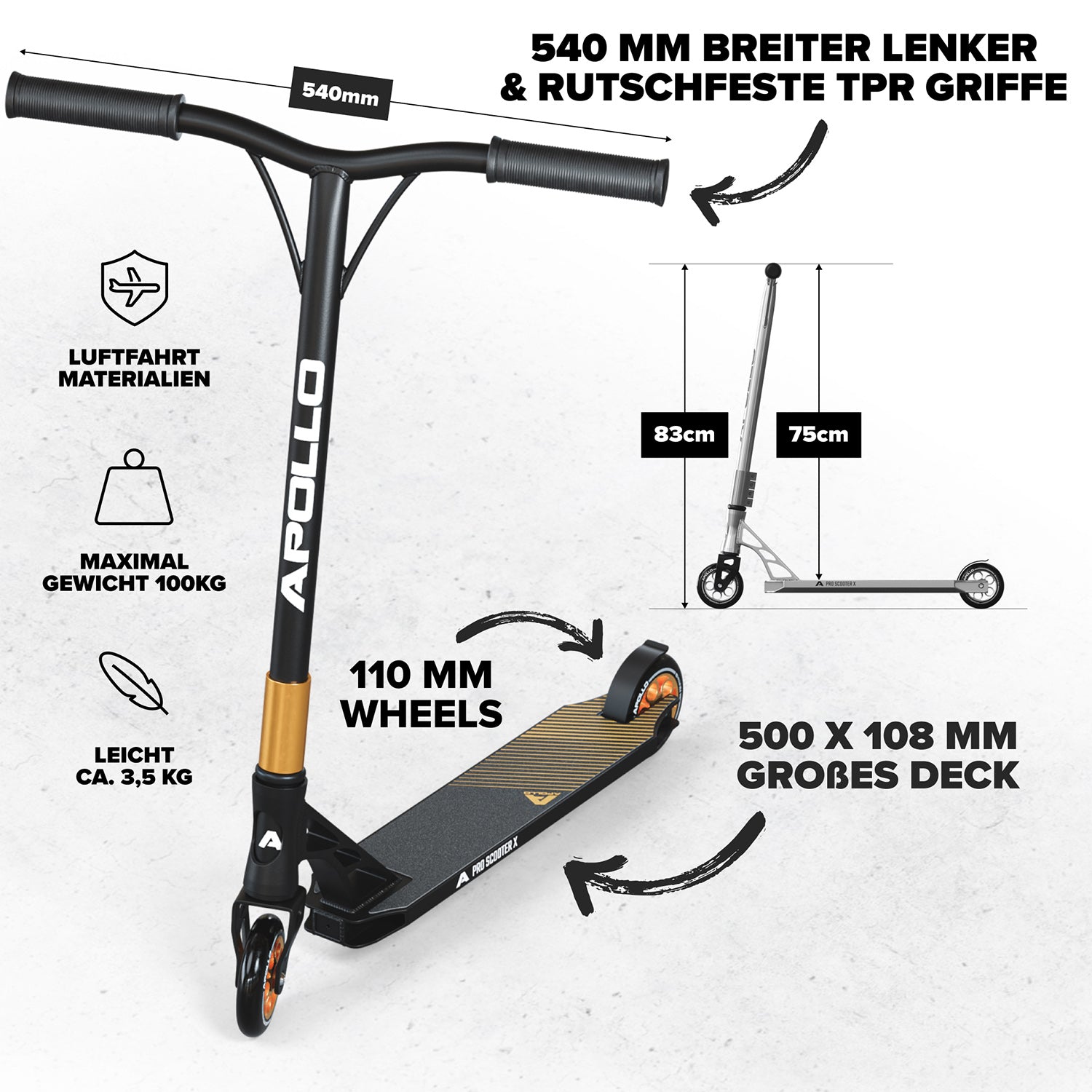 Apollo - High End Stunt Scooter - Genesis Pro X Stuntscooter mit ABEC 9 Kugellagern - Gold