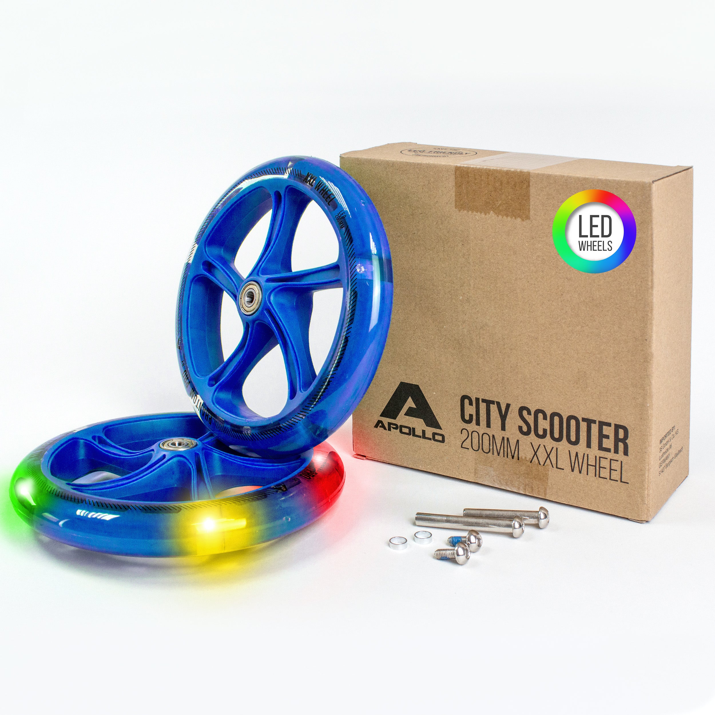 Apollo - 200 mm Ersatzräderset für City Scooter - Phantom / Spectre - LED Blau Transparent