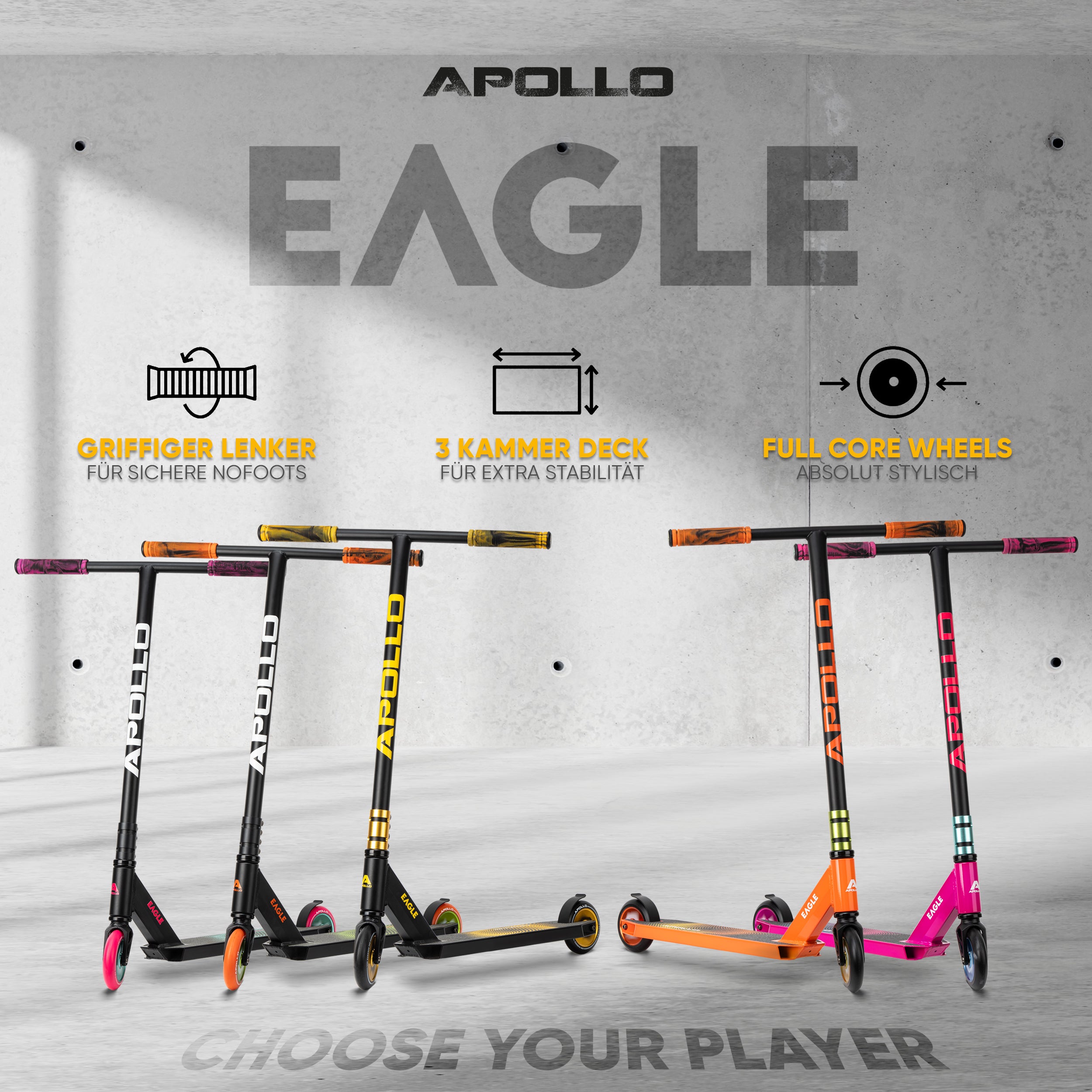 Apollo - Stunt Scooter 'Eagle' - eloxierter Profi Stuntroller mit ABEC 9 Kugellagern - Schwarz Gold