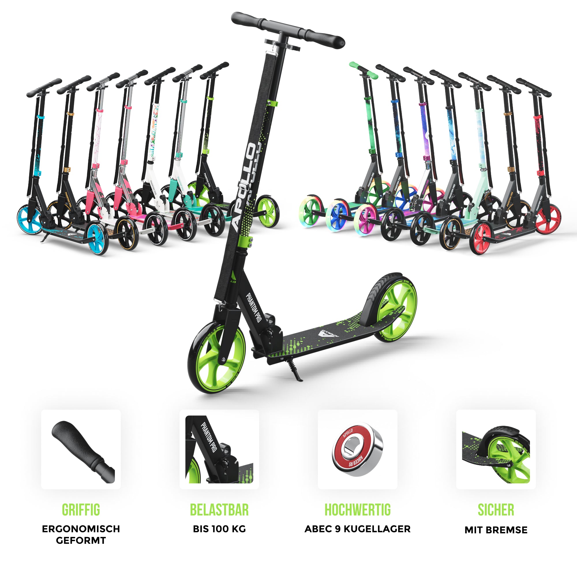 Apollo - Klappbarer City Roller für Kinder "Phantom" höhenverstellbarer Tretroller - Grün
