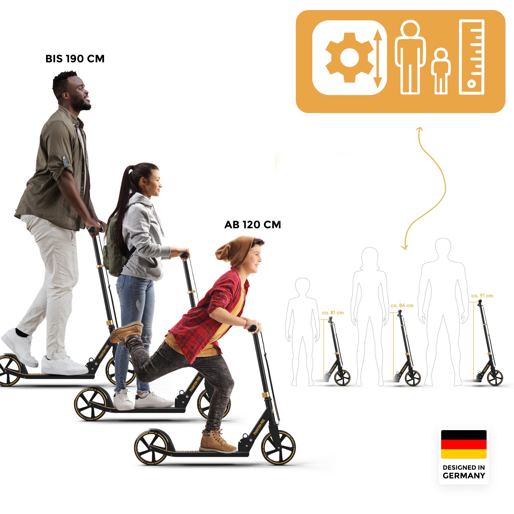 Apollo - Klappbarer City Roller für Kinder "Phantom" höhenverstellbarer Tretroller - Gold