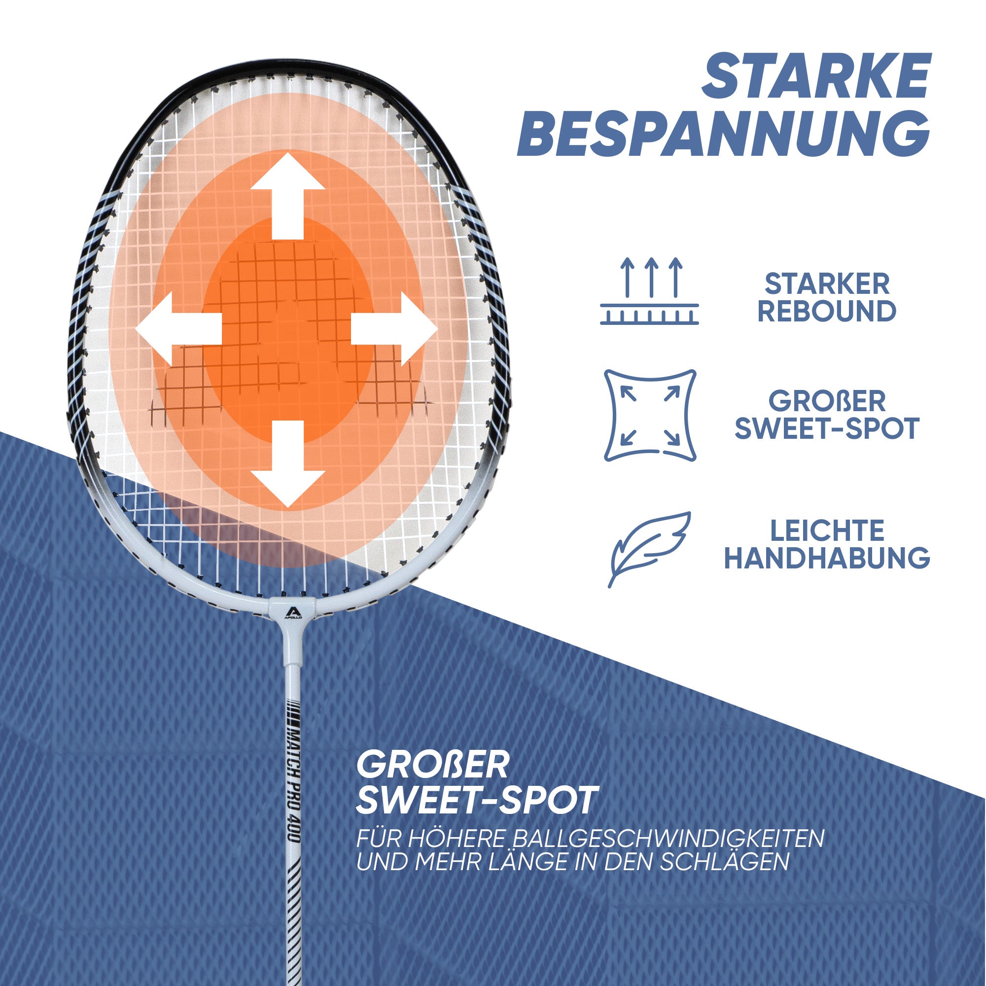 Apollo Funsport - Badminton Set Match Pro 400 - inkl. Tasche, 2x Schläger, Bälle - White Black