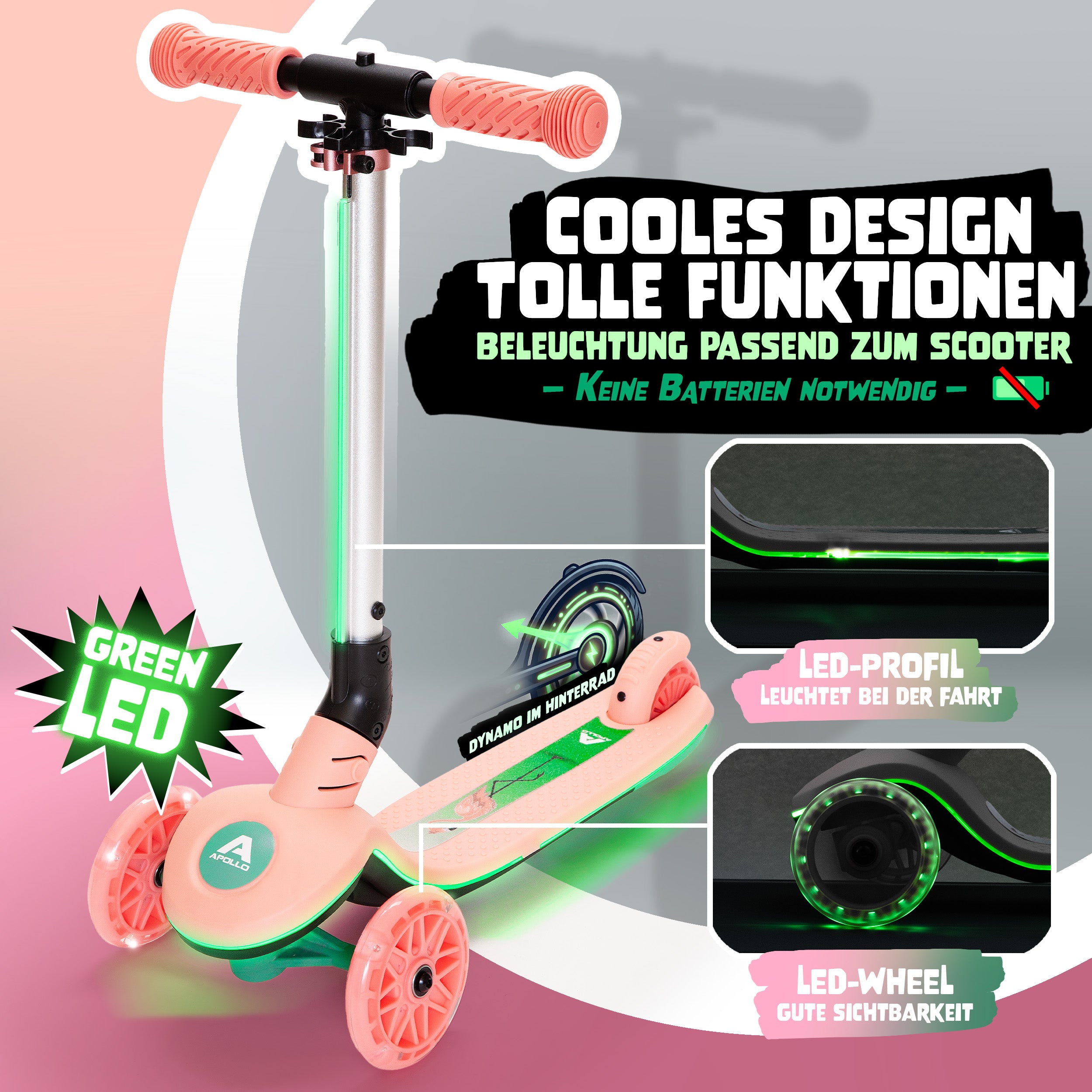 Apollo Funsport - Apollo Whizzie LED Kinderroller, höhenverstellbarer Dreiradscooter für Kinder ab 3 Jahre - Flamingo