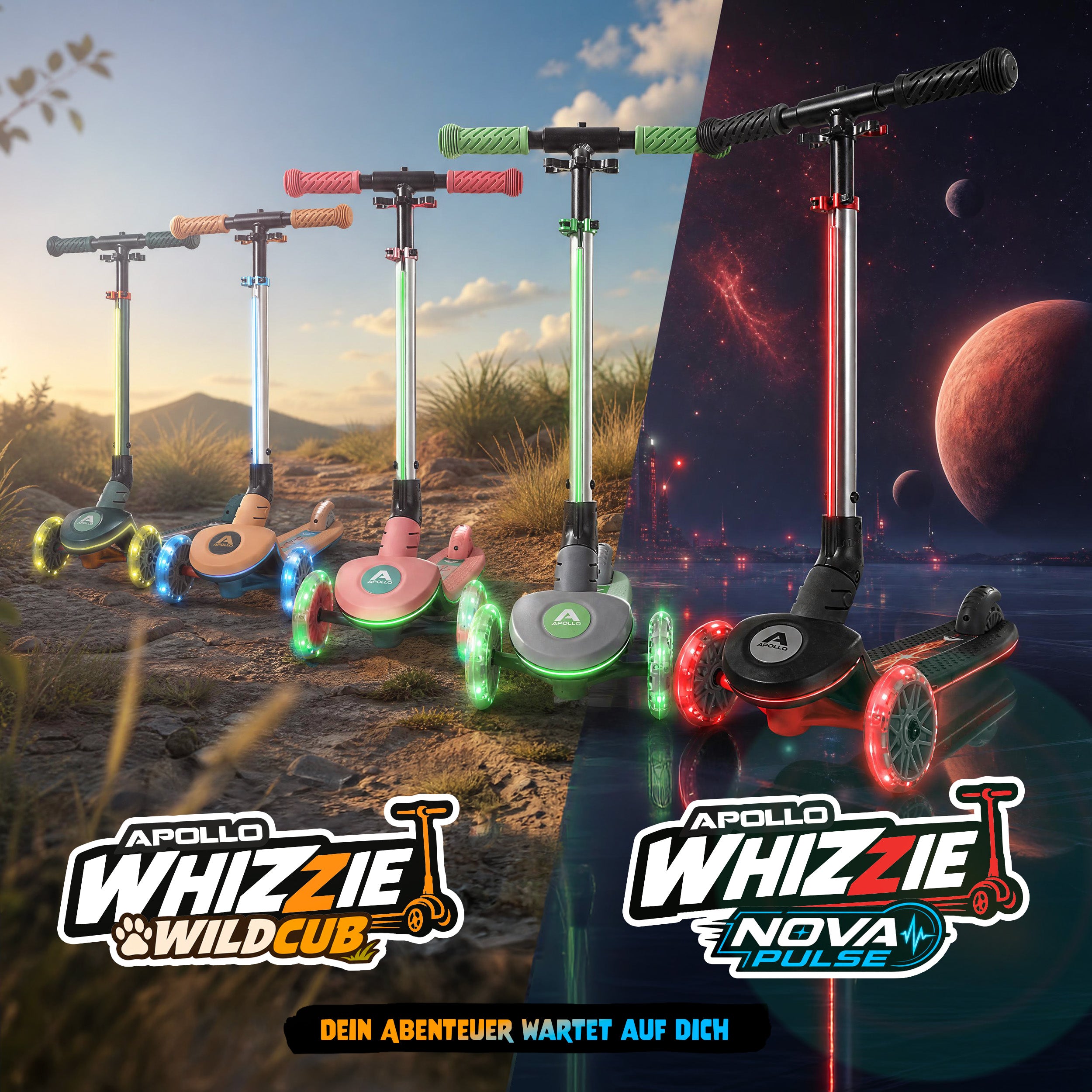 Apollo Funsport - Apollo Whizzie LED Kinderroller, höhenverstellbarer Dreiradscooter für Kinder ab 3 Jahre -