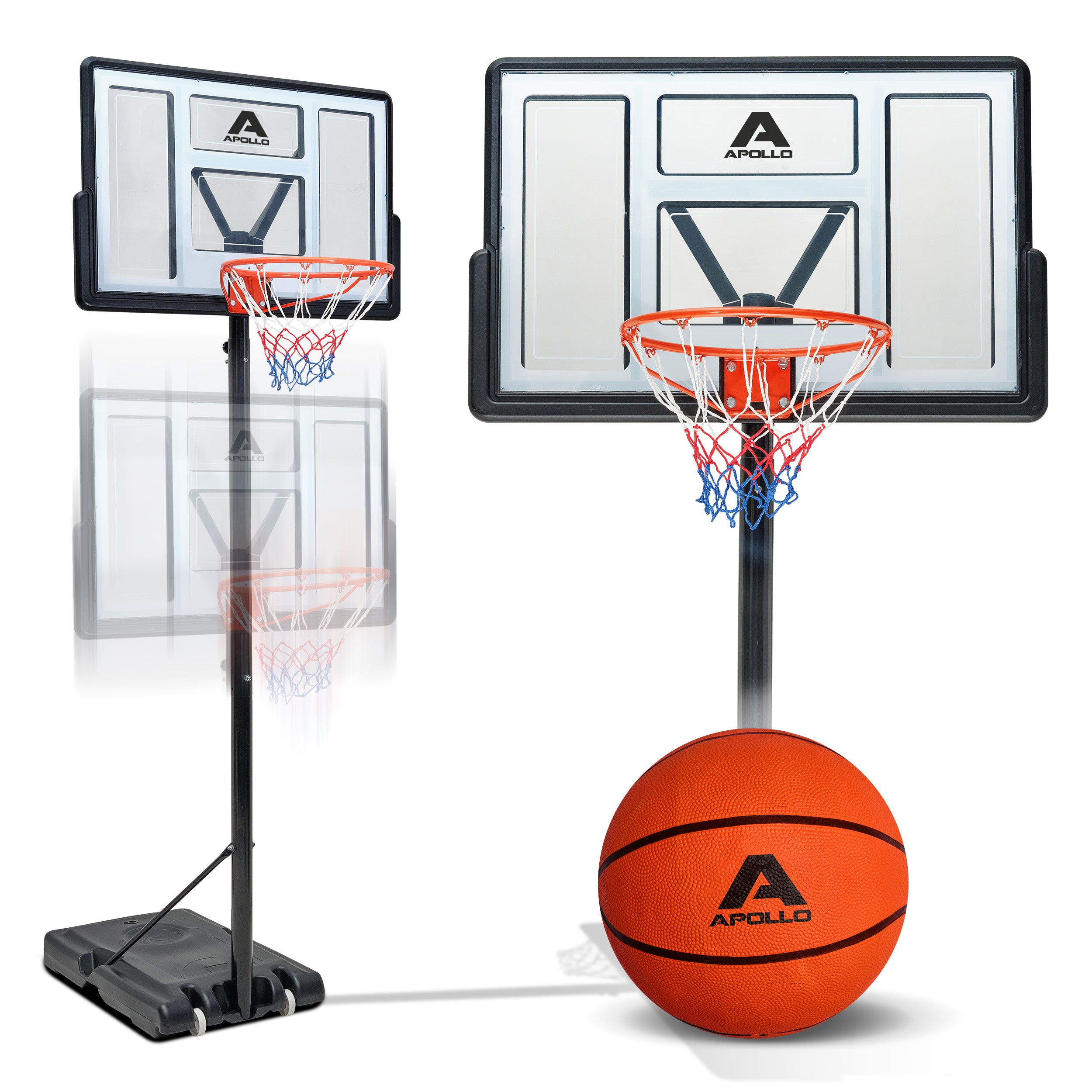 Apollo - Basketballkorb mit Ständer, Rollen, Basketball und Pumpe - official Size 230-305 cm