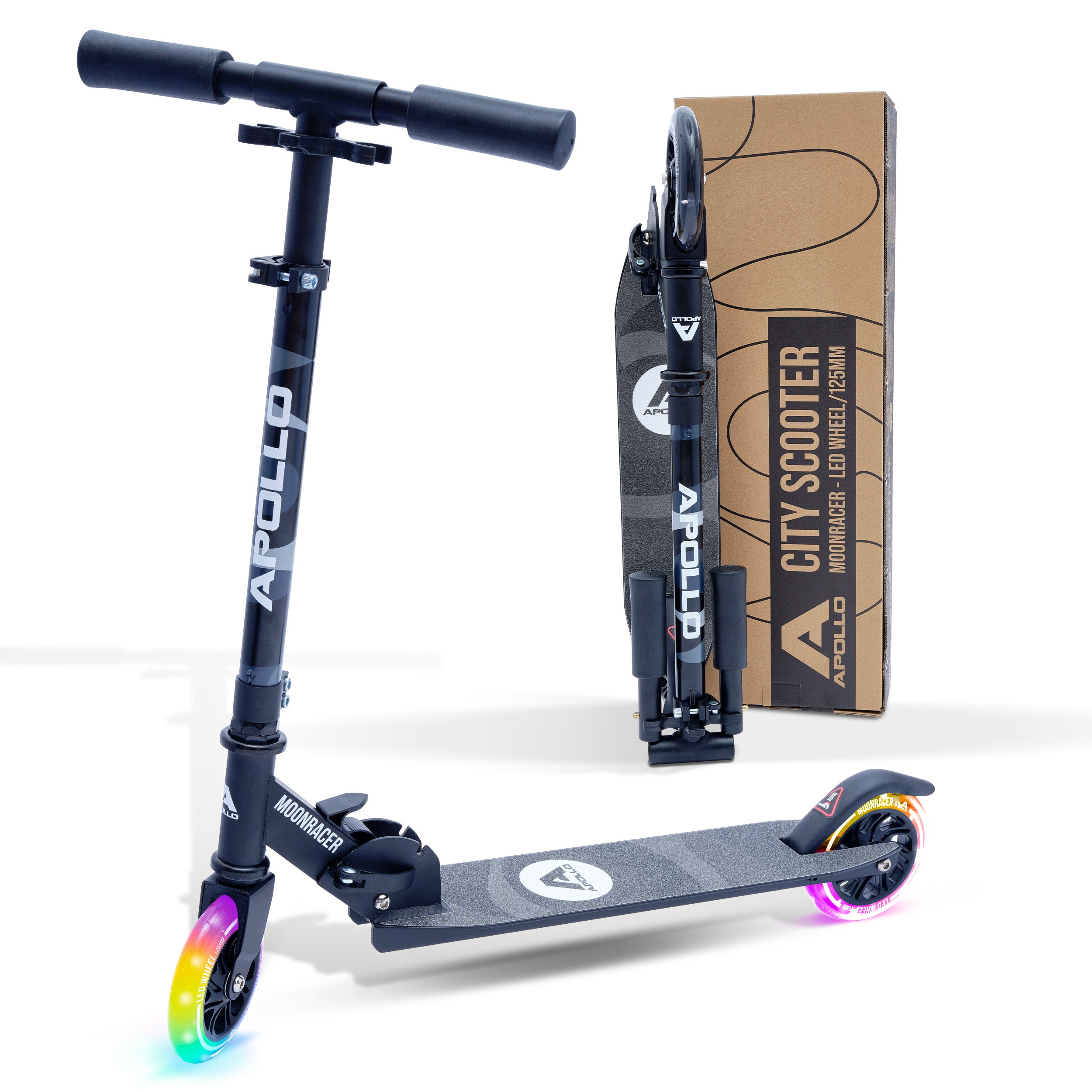 Apollo - Scooter LED - "Moonracer" City Scooter Kinder mit Federung - Schwarz
