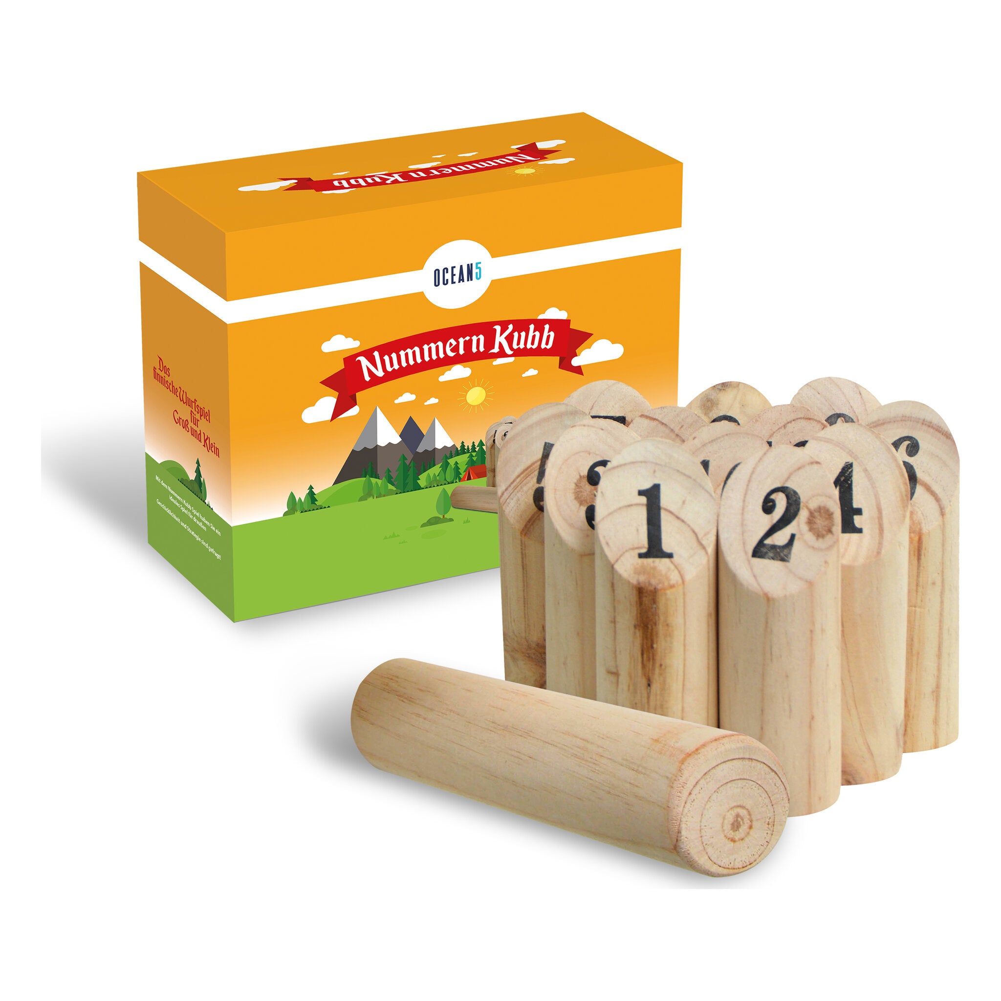Ocean 5 - Nummern Kubb – Wurfspiel aus Holz, 12 Zahlenklötze + Wurfholz -