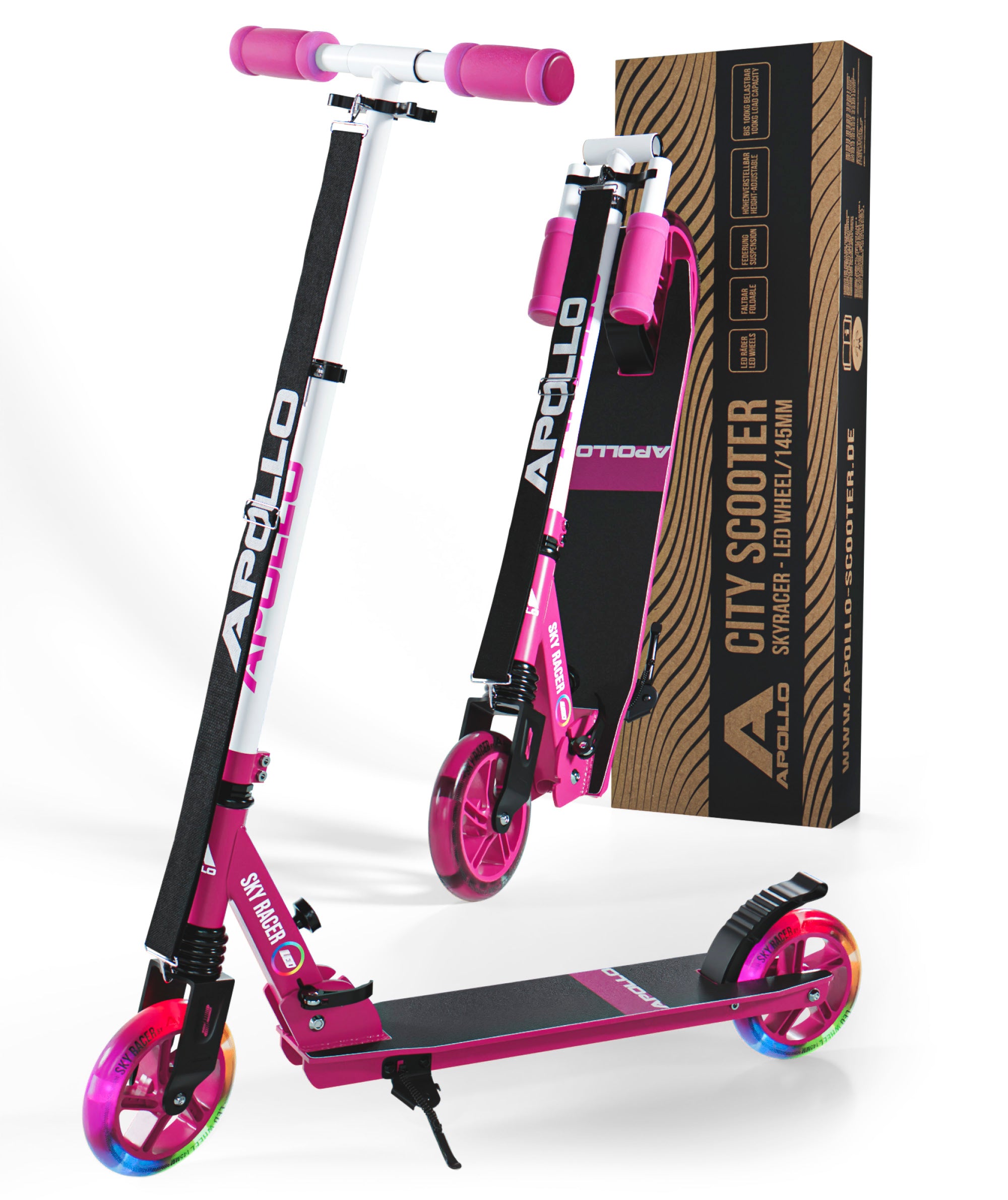 Apollo - 145mm City Scooter mit Federung "Skyracer" klappbar und höhenverstellbar - Pink Weiß