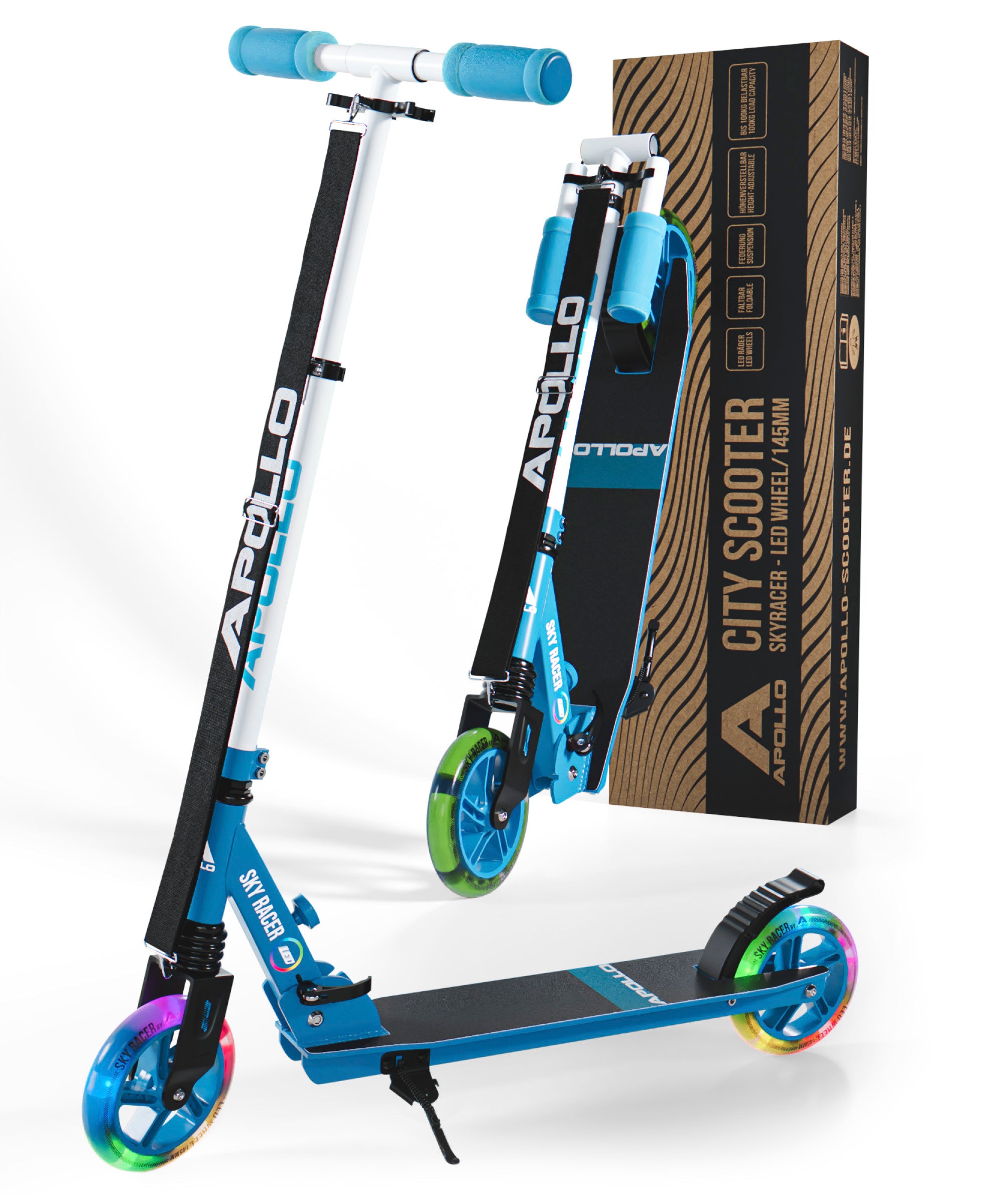 Apollo - 145mm City Scooter mit Federung "Skyracer" klappbar und höhenverstellbar - Blau