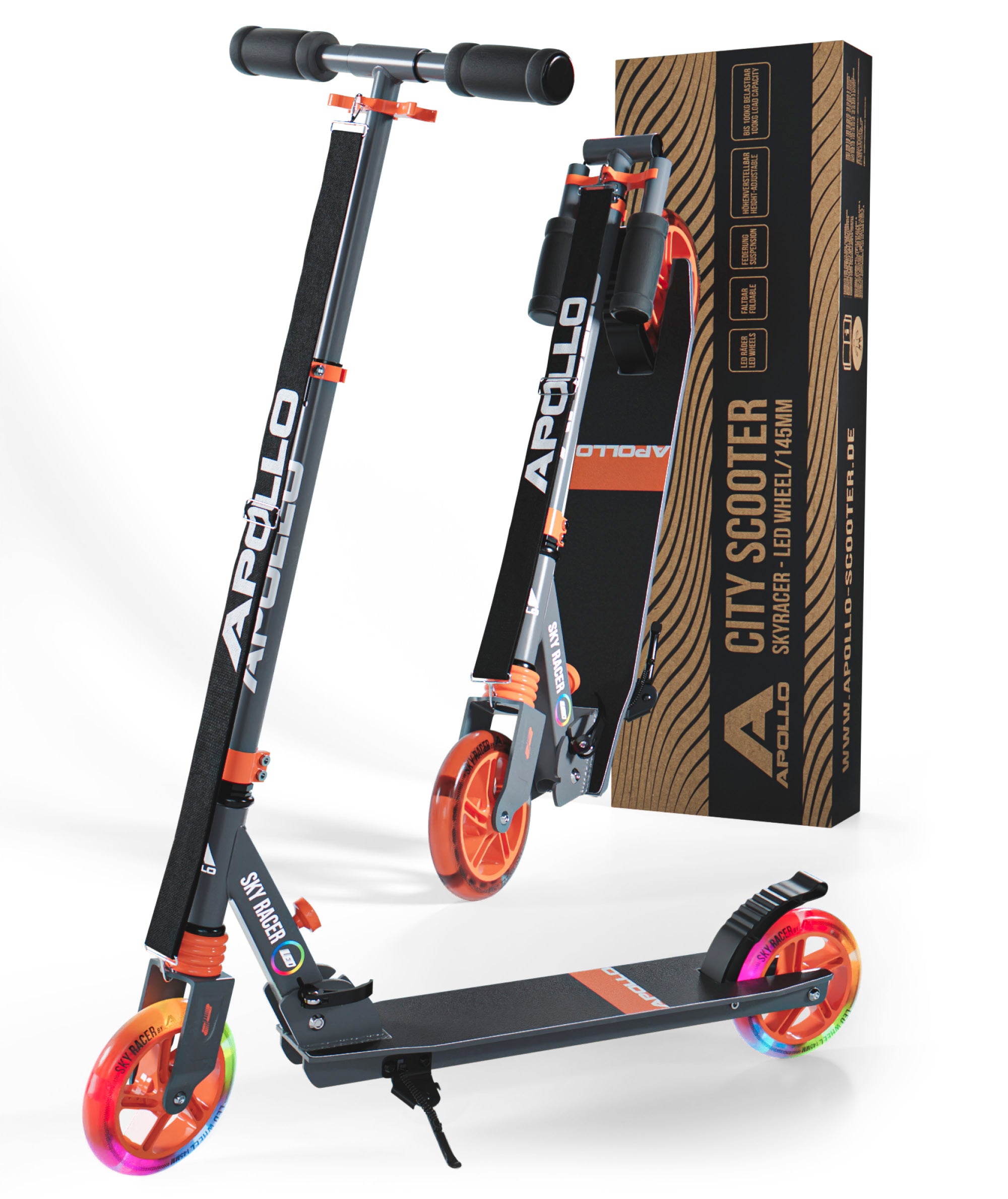 Apollo - 145mm City Scooter mit Federung "Skyracer" klappbar und höhenverstellbar - Orange