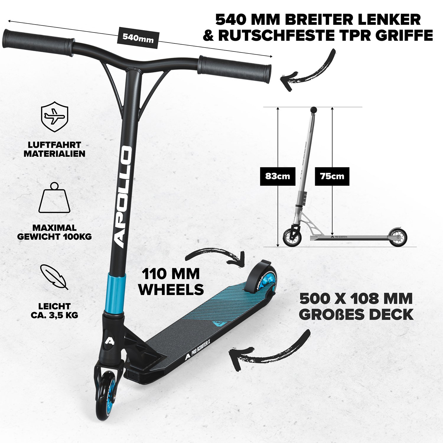 Apollo - High End Stunt Scooter - Genesis Pro X Stuntscooter mit ABEC 9 Kugellagern - Schwarz Mint