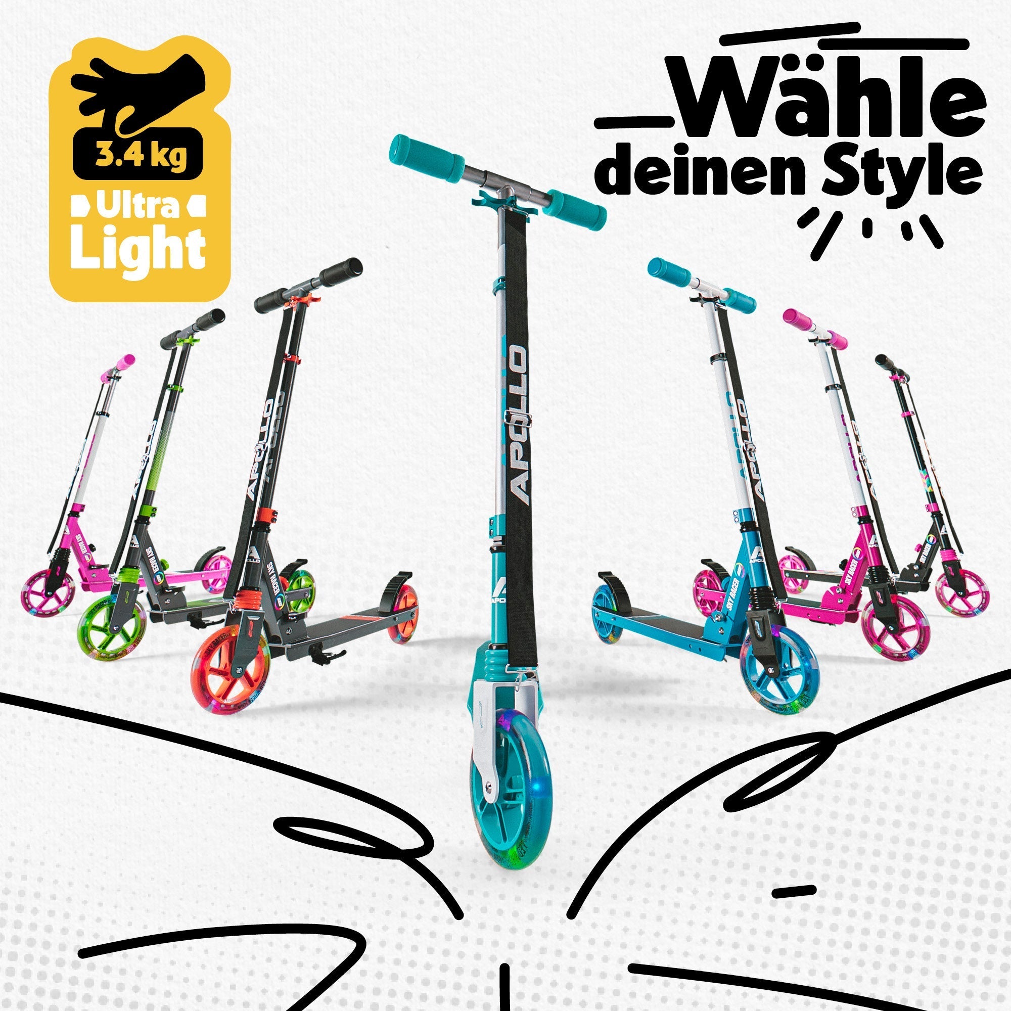 Apollo - 145mm City Scooter mit Federung "Skyracer" klappbar und höhenverstellbar - Starlight