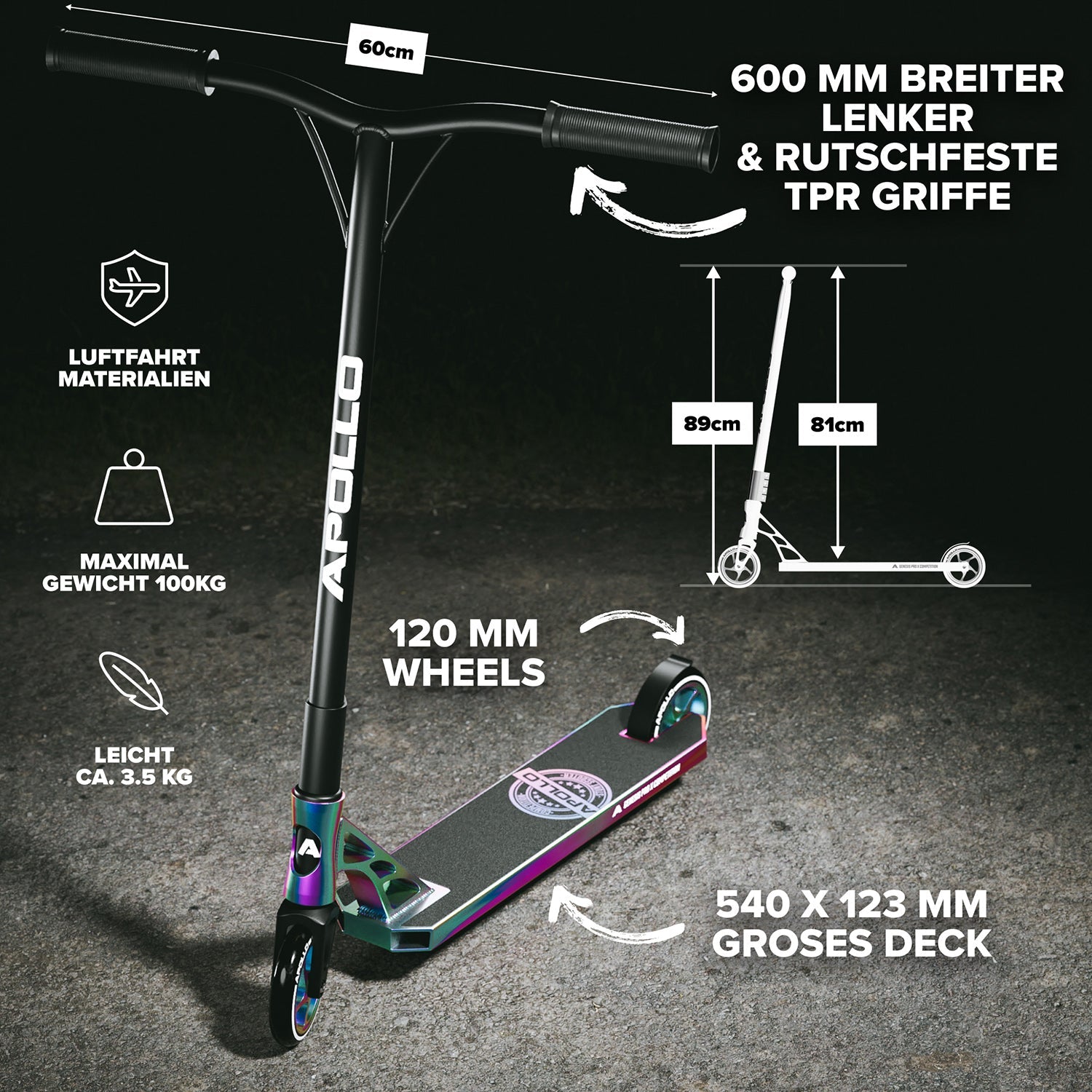 Apollo - High End Stunt Scooter - Genesis Pro X Competition mit ABEC 9 Kugellagern - Rainbow